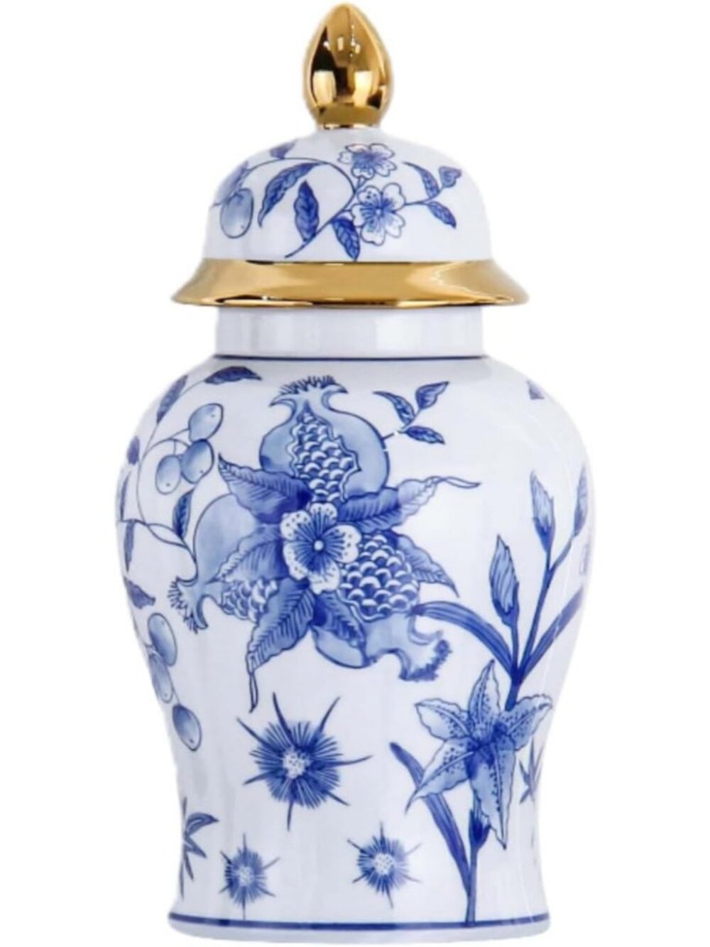 Hand-Painted Blue & White Ceramic Ginger Jar 14.15" - Elegant Floral Vase for